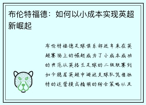 布伦特福德:如何以小成本实现英超新崛起 布伦特福德:如何以小成本实现英超新崛起