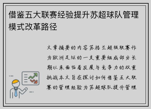 借鉴五大联赛经验提升苏超球队管理模式改革路径 借鉴五大联赛经验提升苏超球队管理模式改革路径